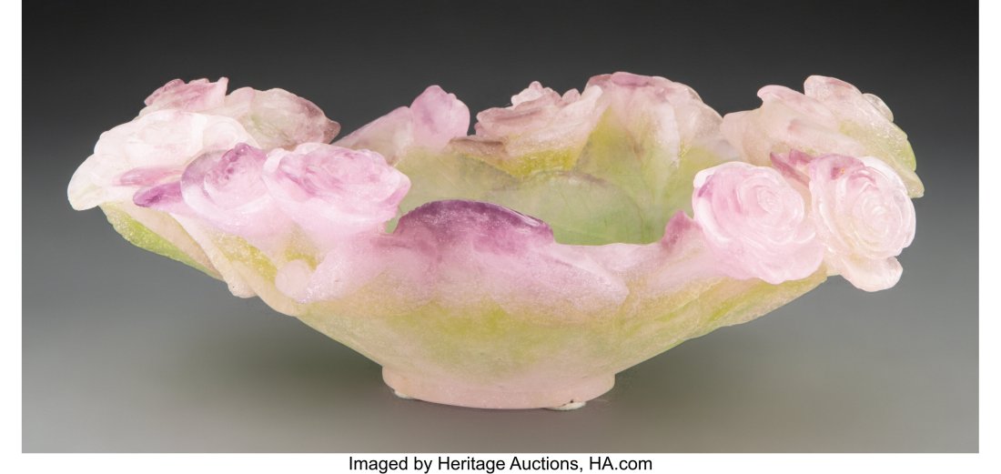 Daum Pâte de Verre Roses Bowl, late 20th centur: Daum Pâte de Verre Roses Bowl, late 20th century Marks: D 3-3/4 x 11 inches (9.5 x 27.9 cm) HID03101062020 © 2023 Heritage Auctions | All Rights