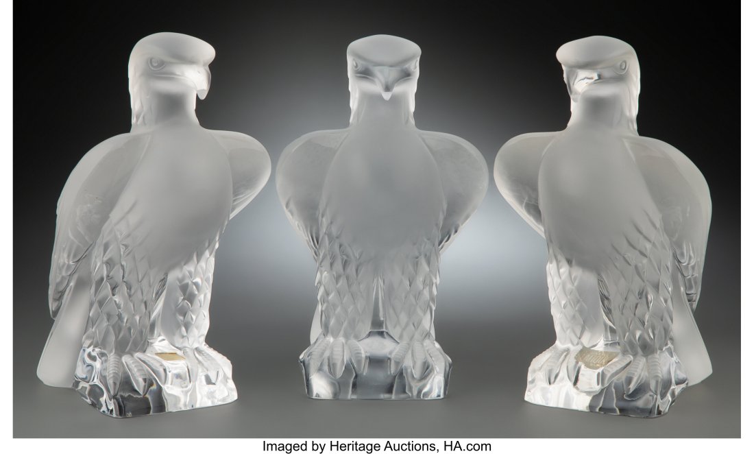 Three Lalique Clear and Frosted Liberte Eagles,: Three Lalique Clear and Frosted Liberte Eagles, post-1945 Marks: Lalique France 9-3/4 x 5-1/2 x 5-5/8 inches (24.8 x 14.0 x 14.3 cm) (each&r