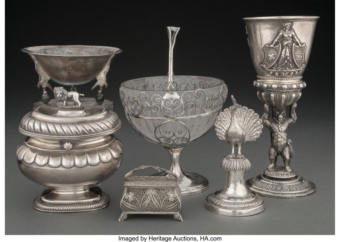 A Group of Six American and Continental Silver T: A Group of Six American and Continental Silver Table Articles Marks: (various) 8-1/2 x 3-5/8 x 3-5/8 inches (21.6 x 9.2 x 9.2 cm) (talle