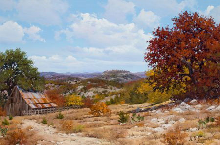 WILLIAM A. SLAUGHTER (American, 1923-2003) Lands: WILLIAM A. SLAUGHTER (American, 1923-2003)Landscape with Cacti and BarnOil