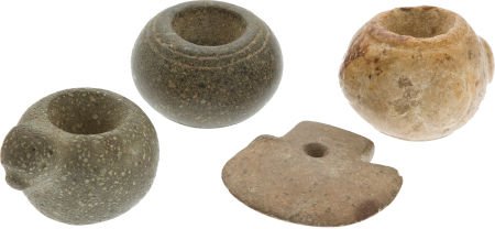 Lot of Four Assorted Stone Mace Heads.: Lot of Four Assorted Stone Mace Heads. Comprising: 1) Grey-brown circular stone mace head