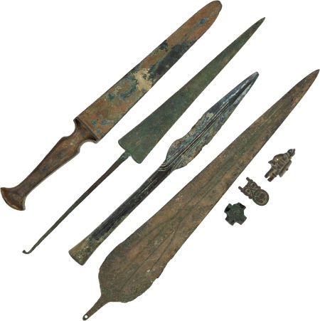 Lot of Seven Assorted Bronze Age Weapons and Art: Lot of Seven Assorted Bronze Age Weapons and Artifacts. Comprising: 1) Luristani Bronze D