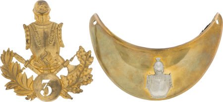 Lot of One French Military Helmet Plate and One: Lot of One French Military Helmet Plate and One Gorget. Comprising: 1) French helmet plat