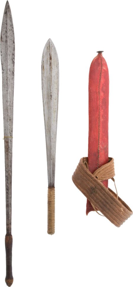 Lot of Two African Ethnographic Edged Weapons.: Lot of Two African Ethnographic Edged Weapons. Comprising two fighting knives and one sca