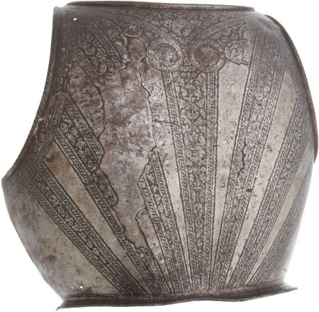 17th Century Etched Armor Backplate.: 17th Century Etched Armor Backplate. The armor backplate, etched with floral scrolls and