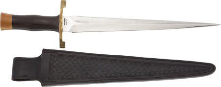 Early Arkansas Toothpick and Hand Tooled Scabbar: Early Arkansas Toothpick and Hand Tooled Scabbard by Gil Hibben. 12 1/4-inch double-edged