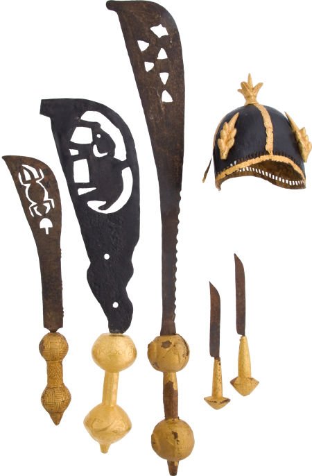 Lot of Six Assorted West African Ceremonial Ethn: Lot of Six Assorted West African Ceremonial Ethnographic Weapons and One Hat. Comprising