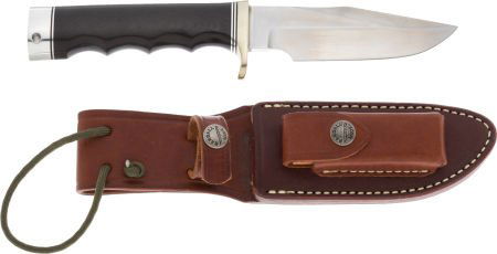 Randall Model 23 GameMaster Knife and Scabbard.: Randall Model 23 GameMaster Knife and Scabbard. 4 5/8-inch clip-point blade with s