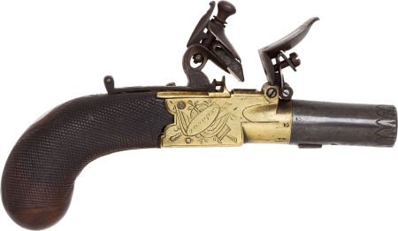 English Screwbarrel Boxlock Flintlock Muff Pisto: English Screwbarrel Boxlock Flintlock Muff Pistol by H. Nock. .45 caliber, 1 5/8-inch scr