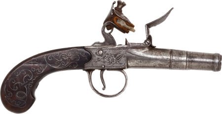 English Screwbarrel Boxlock Flintlock Muff Pisto: English Screwbarrel Boxlock Flintlock Muff Pistol. .41 caliber, 1 1/2-inch turn-off barre