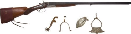 French Double Barrel Percussion Shotgun, South A: French Double Barrel Percussion Shotgun, South American Bell Stirrups, and Spurs. Compris