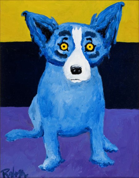 GEORGE RODRIGUE (American, b. 1944) Blue Dog wit: GEORGE RODRIGUE (American, b. 1944) Blue Dog with Stripes Oil on canvas 14