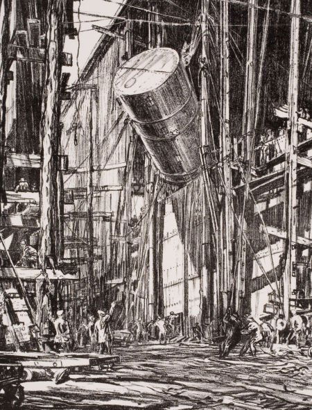 MUIRHEAD BONE (British, 1876-1953) Men Hoisting: MUIRHEAD BONE (British, 1876-1953)Men Hoisting ContainerLithographImage