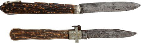 2 Large Folding Knives With Stag Grips: 2 Large Folding Knives With Stag Grips The first is 5 1/2" folded, 9 7/8" open, gray shar