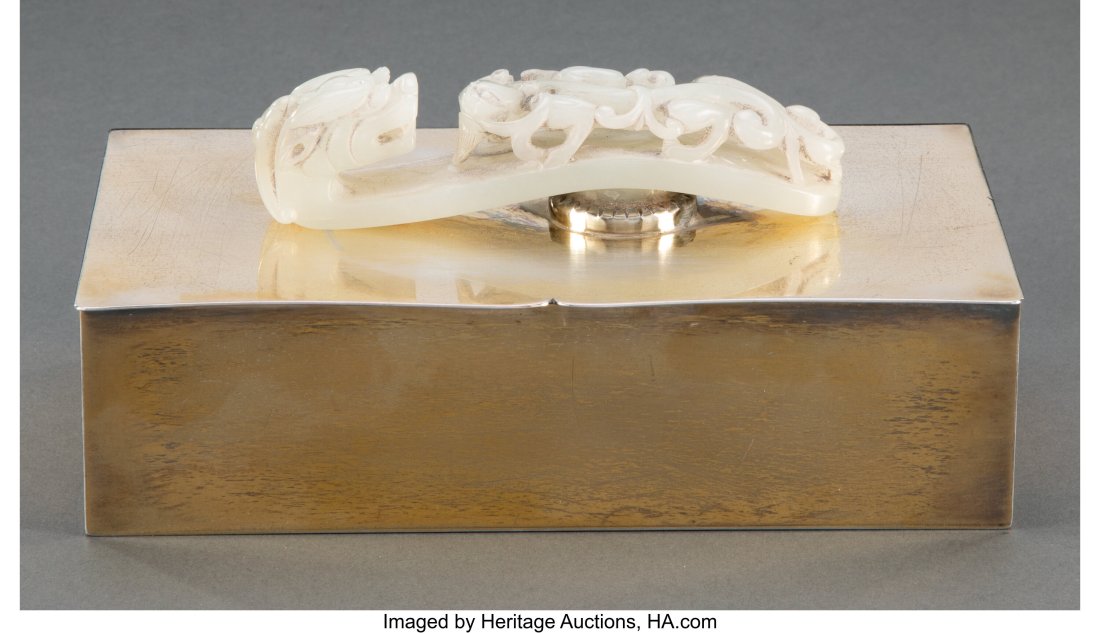 A Chinese White Jade Dragon Belt Hook Mounted as (1 of 5)