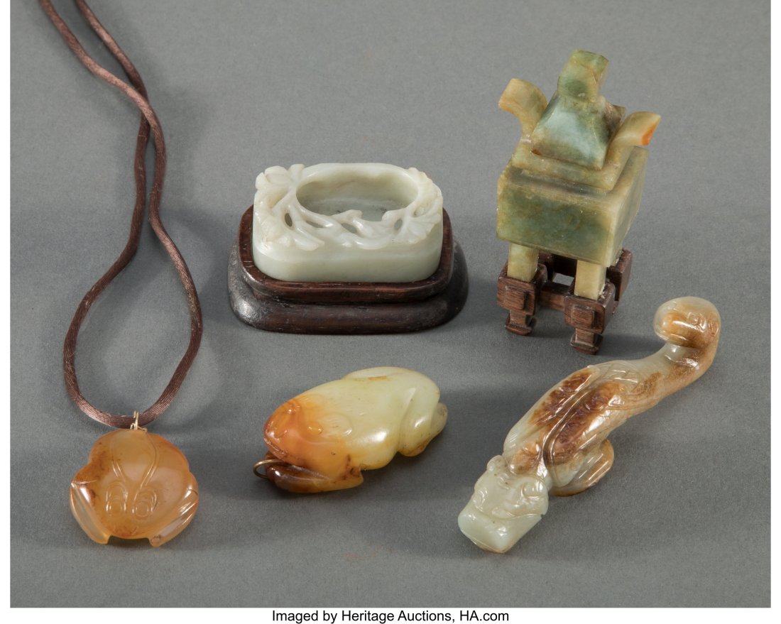 A Group of Five Chinese Carved Jade, Jadeite and (1 of 2)