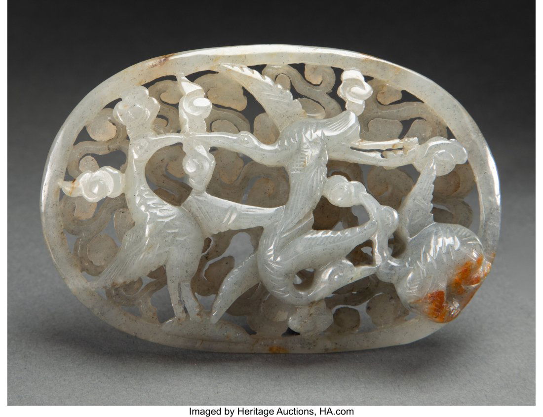 A Chinese Carved Grey Jade Crane Plaque, 20th ce (1 of 2)