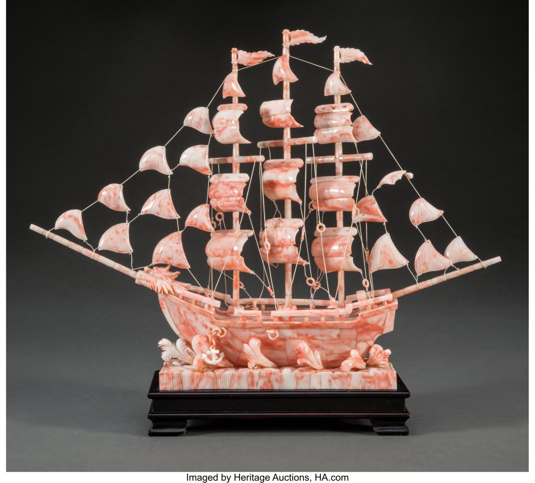 A Chinese Carved Pink Coral Ship Model 13-3/4 x (1 of 3)