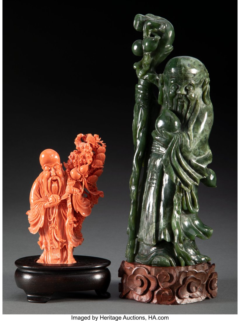 Two Chinese Carved Coral and Spinach Jade Shoula (1 of 2)