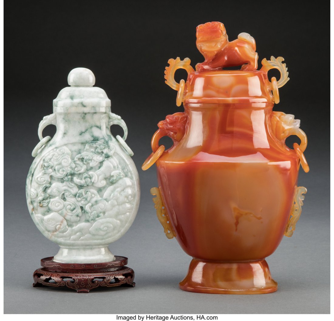 A Chinese Agate Carved Vase and A Wood-Mounted J (1 of 3)