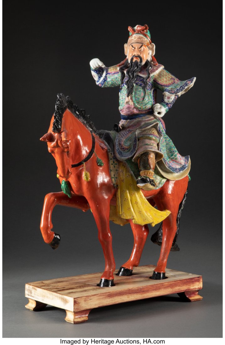 A Chinese Famille Rose Guandi Figure on a Horse, (1 of 3)