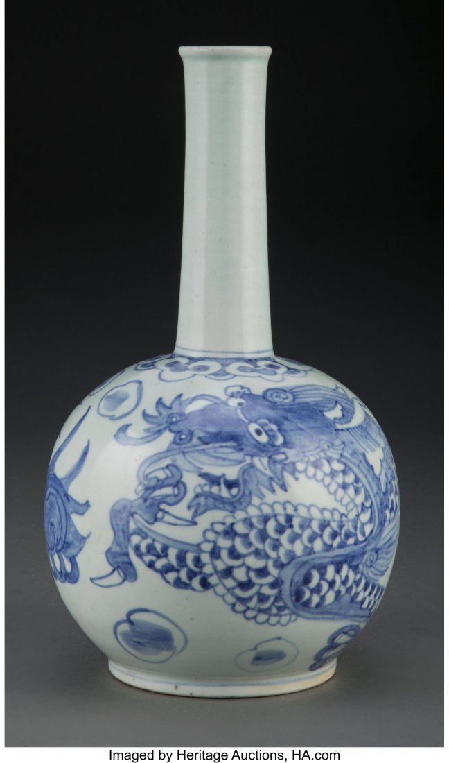 A Korean Blue and White 'Dragon' Globular Vase,: A Korean Blue and White 'Dragon' Globular Vase, Joseon Dynasty 10 x 5-1/2 x 5-1/2 inches (25.4 x 14.0 x 14.0 cm) The vase of globular form supporting a lon