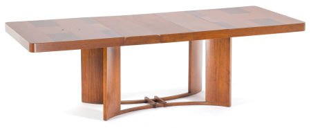A GILBERT ROHDE WALNUT AND BURL WALNUT DINING TA: A GILBERT ROHDE WALNUT AND BURL WALNUT DINING TABLE FOR HERMAN MILLER Designed by Gil