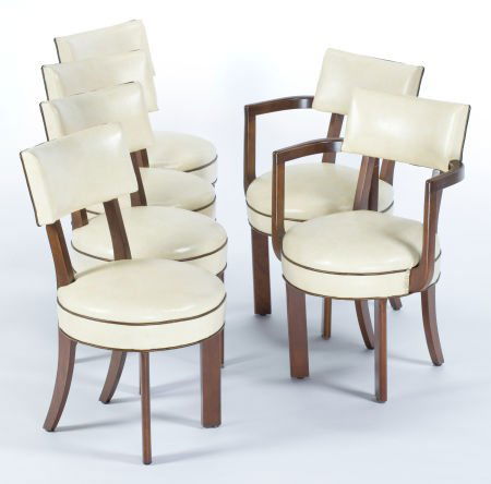 FOUR GILBERT ROHDE WALNUT AND BURL WALNUT SIDE C: FOUR GILBERT ROHDE WALNUT AND BURL WALNUT SIDE CHAIRS AND TWO ARM CHAIRS FOR HERMAN MILLER </