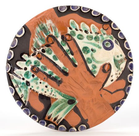 A MADOURA POTTERY EARTHENWARE BOWL AFTER PABLO P: A MADOURA POTTERY EARTHENWARE BOWL AFTER PABLO PICASSO: HANDS WITH FISH </