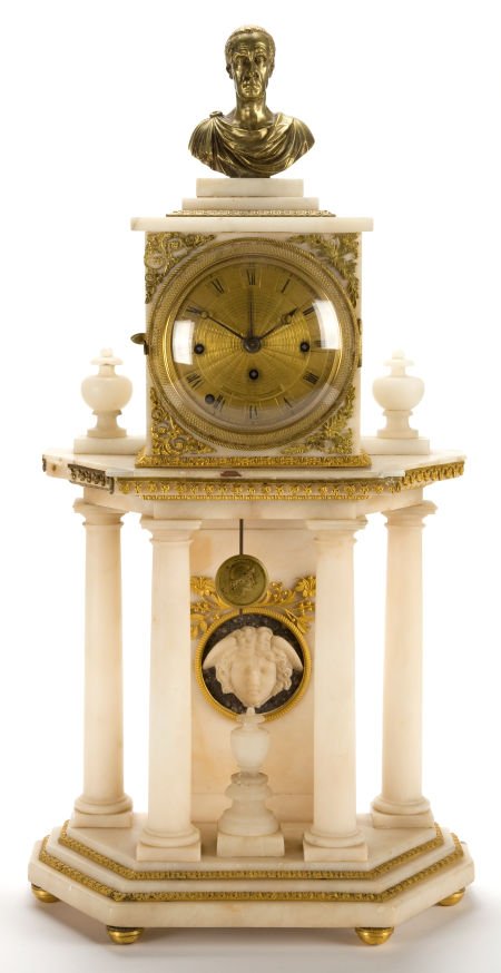 A FRENCH LOUIS XVI-STYLE ALABASTER AND PATINATED: A FRENCH LOUIS XVI-STYLE ALABASTER AND PATINATED BRONZE PORTICO CLOCKMaker unidentified, P