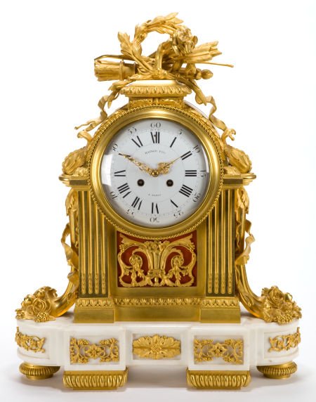 A RAINGO FRÈRES FRENCH LOUIS XVI-STYLE GILT BRON: A RAINGO FRÈRES FRENCH LOUIS XVI-STYLE GILT BRONZE AND MARBLE MANTLE CLOCK Raingo Frè