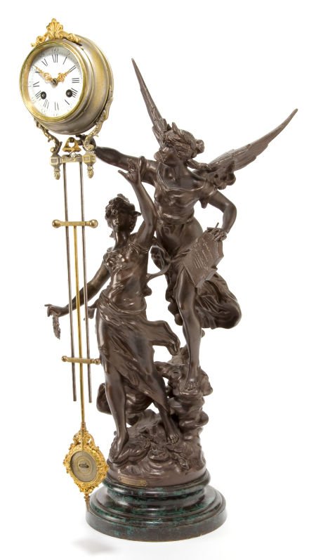 AN ANSONIA SPELTER AND GILT BRONZE SWING-ARM CLO: AN ANSONIA SPELTER AND GILT BRONZE SWING-ARM CLOCK AFTER LOUIS AND FRANCOIS MOREAU: 