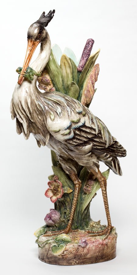 A DELPHIN MASSIER MAJOLICA FIGURAL FLOOR VASE D: A DELPHIN MASSIER MAJOLICA FIGURAL FLOOR VASE Delphin Massier, Vallauris, France, cir
