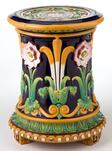 A MINTON MAJOLICA PASSION FLOWER GARDEN SEAT Mi: A MINTON MAJOLICA PASSION FLOWER GARDEN SEAT <