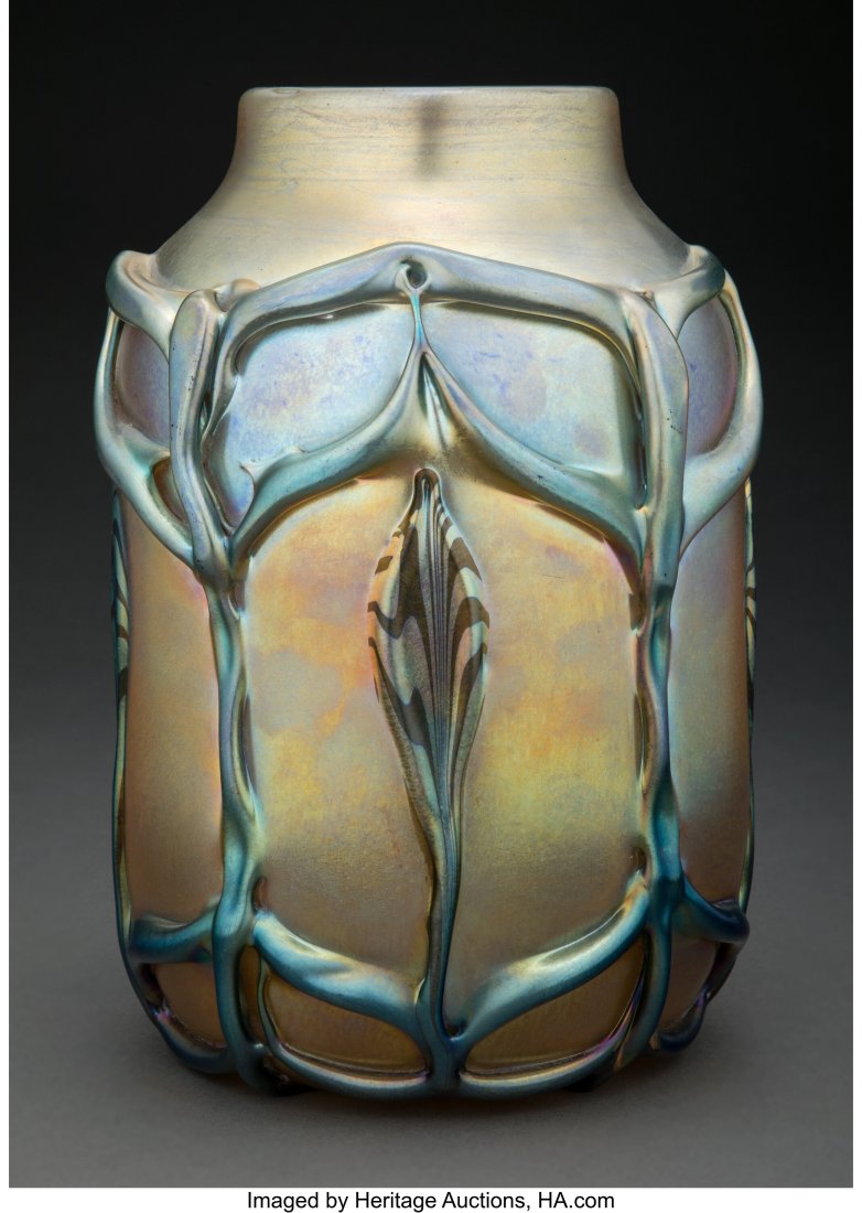 Tiffany Studios Decorated Favrile Glass Vase, ci: Tiffany Studios Decorated Favrile Glass Vase, circa 1904-1906 Marks: L.C. Tiffany, Favrile, 8223C 9-3/4 inches (24.8 cm) LITERATURE: M&