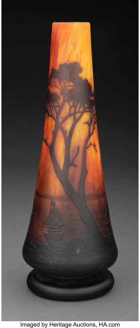 Daum Cameo Glass Landscape Vase, circa 1910 Mark: Daum Cameo Glass Landscape Vase, circa 1910 Marks: DAUM, NANCY, (Cross of Lorraine) 9-5/8 inches (24.4 cm) HID03101062020 © 2023 Heritage Au