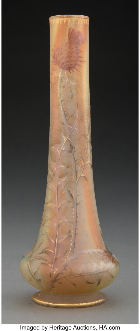 Daum Partial Gilt, Enameled and Acid-Etched Glas: Daum Partial Gilt, Enameled and Acid-Etched Glass Thistle Vase, circa 1900 Marks: Daum, (Cross of Lorraine), Nancy 8-1/2 inches (21.6 cm) H