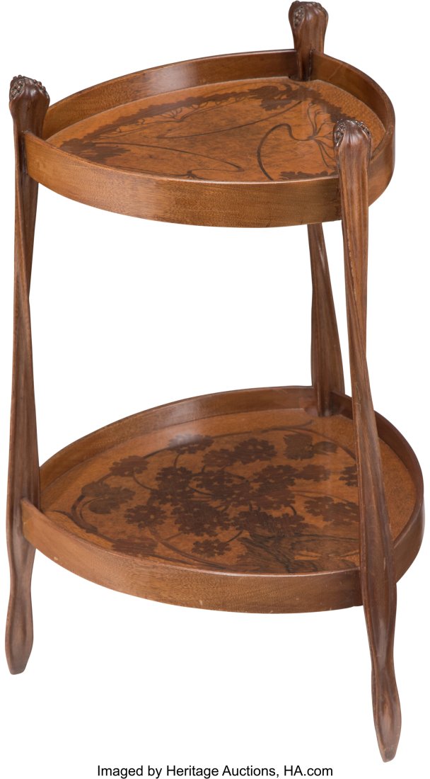 Louis Majorelle Mahogany Marquetry Two-Tier Gué: Louis Majorelle Mahogany Marquetry Two-Tier Guéridon, circa 1900 Marks: L. Majorelle, Nancy 29-3/4 x 18-7/8 x 18-7/8 inches (75.5 x 48 x 48 cm&r