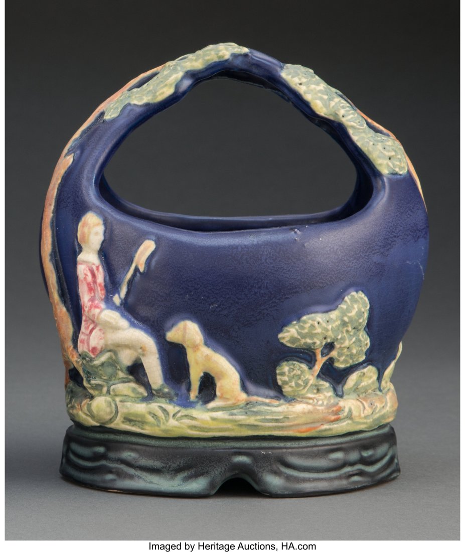Rare Weller Pottery Hudson Little Bo Peep Basket: Rare Weller Pottery Hudson Little Bo Peep Basket Decorated by Dorothy England Laughead, circa 1920 Marks: WELLER WARE, D.E. 6-3/8 x 5 x 4-3/8 inches (16&pe