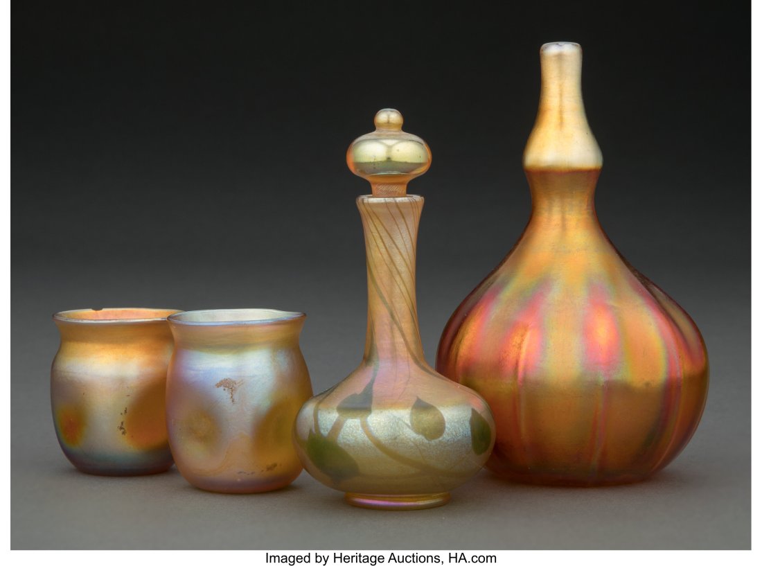 Three Tiffany Studios Favrile Glass Articles and: Three Tiffany Studios Favrile Glass Articles and An American Iridescent Glass Vase, circa 1910 Marks: (various) 4-7/8 inches (12.4 cm) (tallest) PR