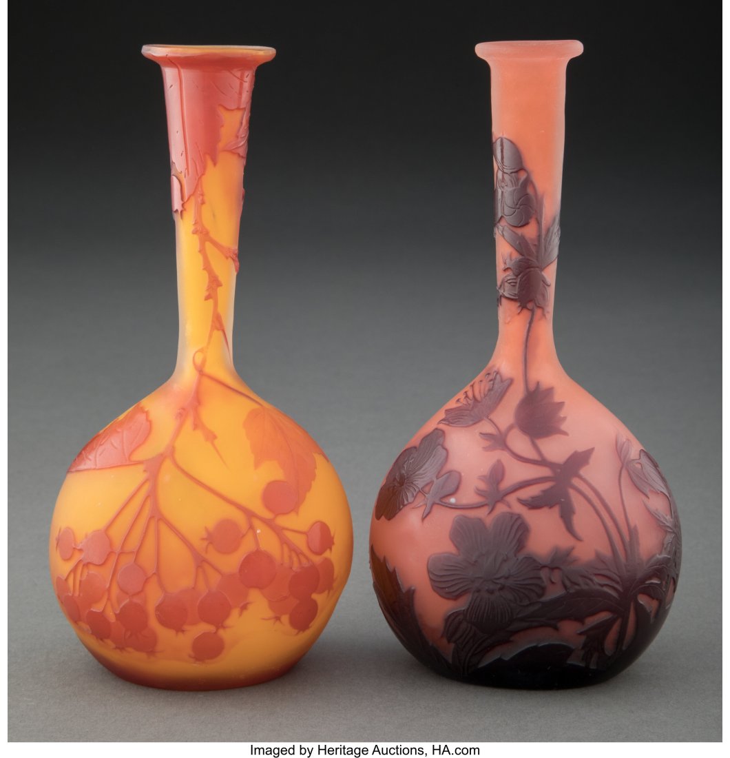 Two Gallé Cameo Glass Floral Vases, circa 1900 : Two Gallé Cameo Glass Floral Vases, circa 1900 Marks: Gallé 6-1/2 inches (16.5 cm) (each) The group comprising: 1 Berries and Branch vase