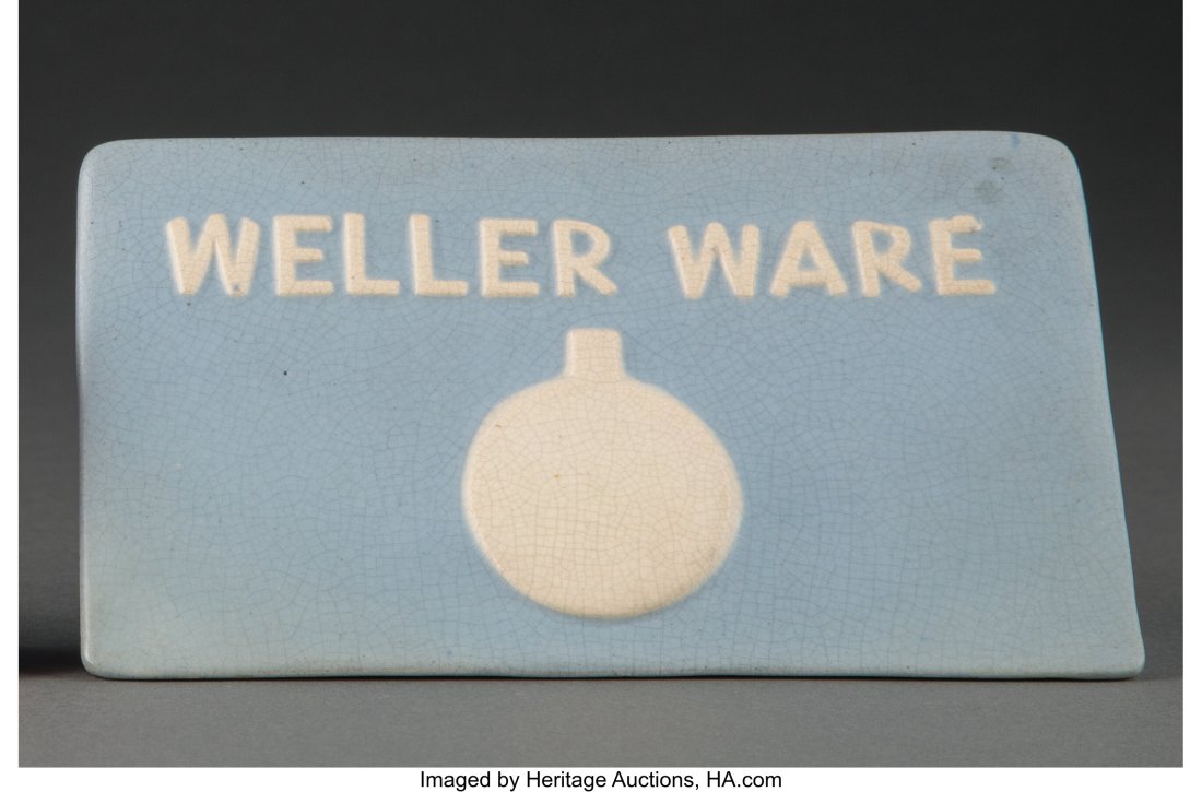 Rare Weller Ware Ceramic Dealer's Sign, circa 19: Rare Weller Ware Ceramic Dealer's Sign, circa 1920 Marks: WELLER WARE 2-3/4 x 5-1/2 x 2-3/8 inches (7.0 x 14.0 x 6.0 cm) LITERATURE: S Huxf