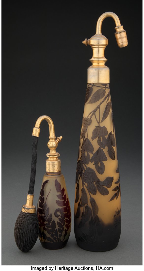 Two French Cameo Glass Floral Atomizers, early 2: Two French Cameo Glass Floral Atomizers, early 20th century Marks: (various) 13 inches (33.0 cm) (tallest, D'Argental) The group comprising&colon