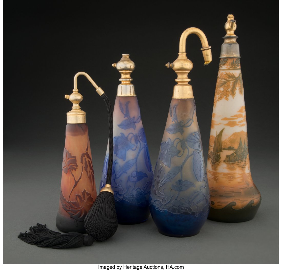 Four French Cameo Glass Atomizers, circa 1910 Ma: Four French Cameo Glass Atomizers, circa 1910 Marks: (various) 9 inches (23 cm) (tallest) The group comprising: 1 Devez Landscape atomizer; 1 Gall&
