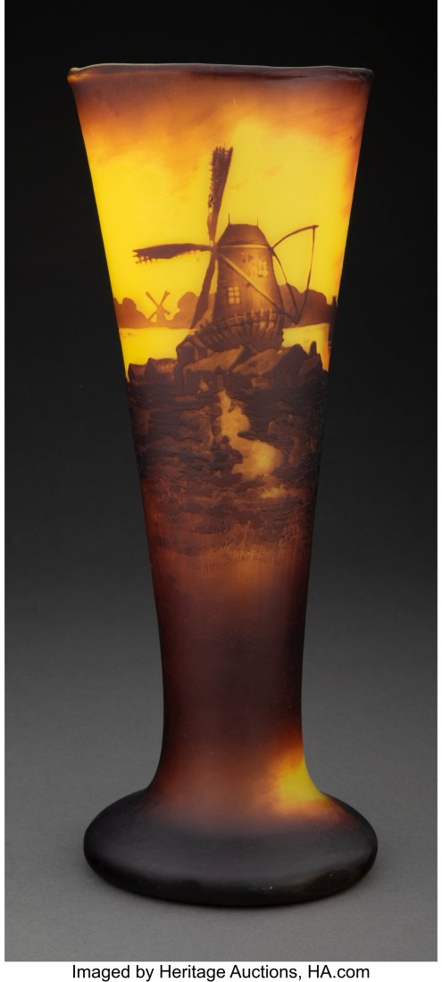 Muller Frères Cameo Glass Landscape Vase, circa: Muller Frères Cameo Glass Landscape Vase, circa 1910 Marks: MULLER FRES LUNÉVILLE 13-1/8 inches (33.3 cm) HID03101062020 © 2023 Heritage Auctions &v