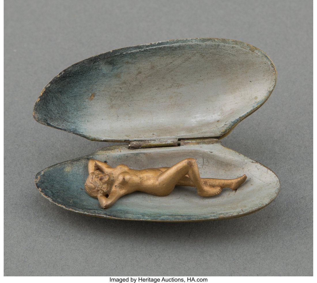Austrian Partial Gilt and Cold-Painted Naughty B: Austrian Partial Gilt and Cold-Painted Naughty Bronze Clamshell Figure Attributed to Franz Bergman, circa 1900 0-1/2 x 2-1/2 x 0-7/8 inches (1.3 x 6.2 x 2.5