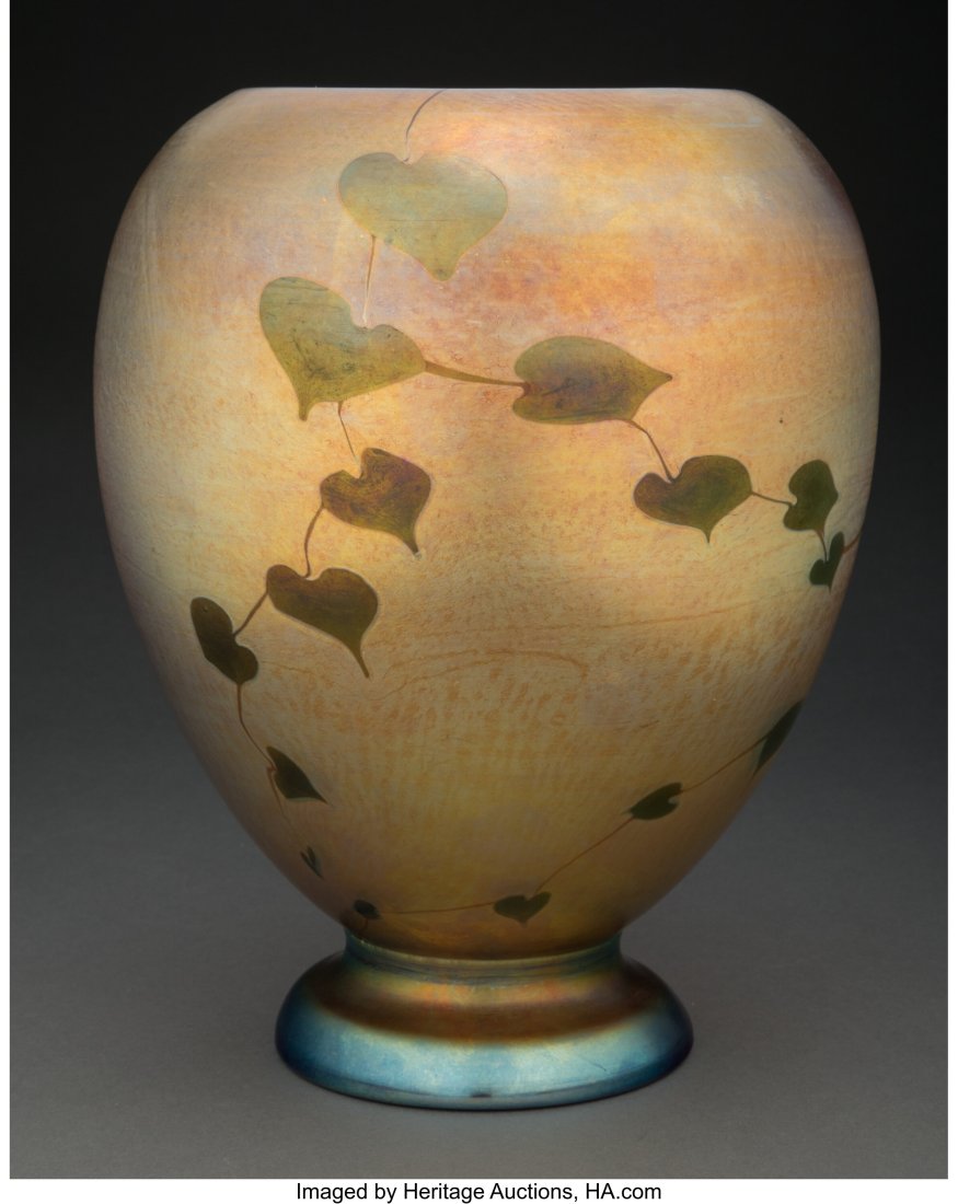 Large Tiffany Studios Favrile Glass Heart and Vi: Large Tiffany Studios Favrile Glass Heart and Vine Vase, circa 1910 Marks: 5266G, L.C. Tiffany-Favrile 11-1/2 inches (29.2 cm) Property from the Es