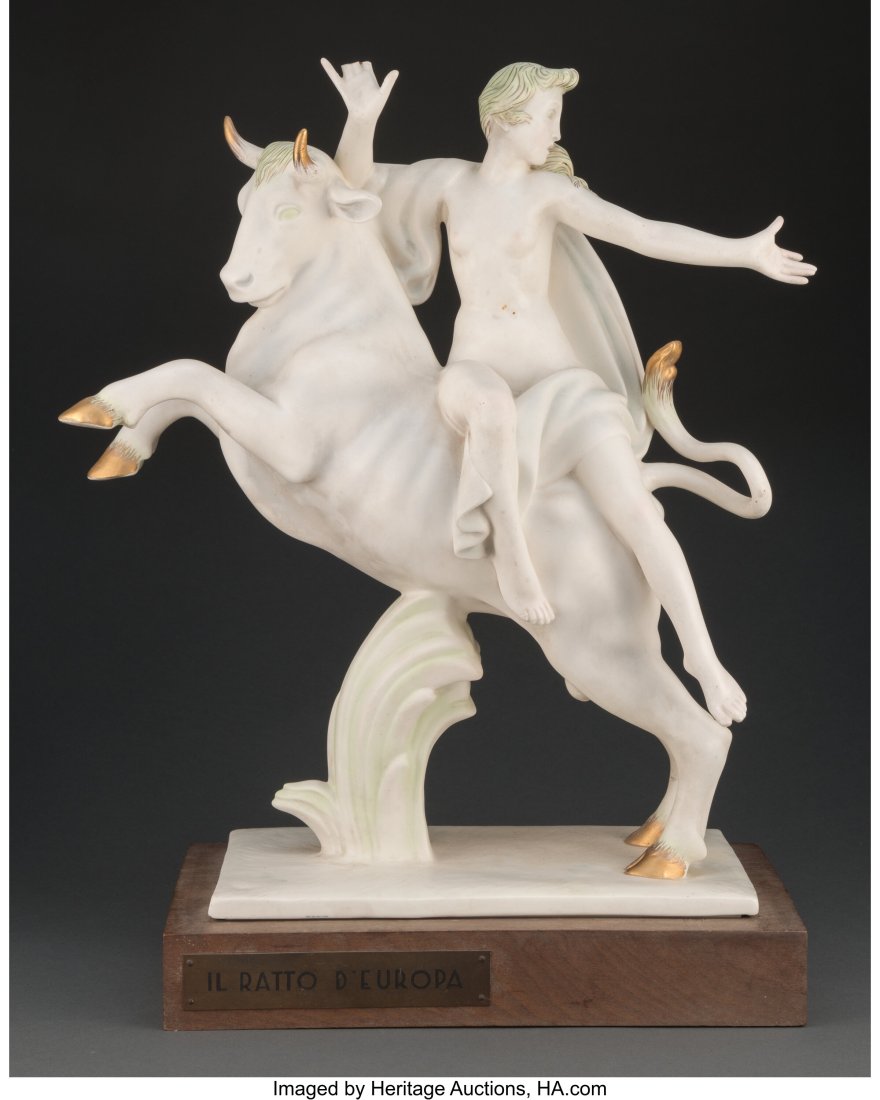 Lenci Partial Gilt Glazed Earthenware Il Ratto d: Lenci Partial Gilt Glazed Earthenware Il Ratto di Europa Figure, circa 1935 Marks: Lenci, MADE IN ITALY, 742 18-5/8 x 14 x 7-3/4 inches (47.3 x 35.6