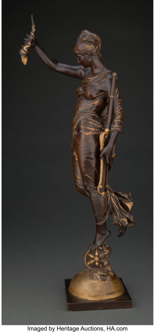 Augustin Moreau-Vauthier (French, 1831-1893) L'A: Augustin Moreau-Vauthier (French, 1831-1893) L'Abondance, circa 1878 Gilt and patinated bronze 20-7/8 inches (53.2 cm) high Inscribed to globe: MOREAU-