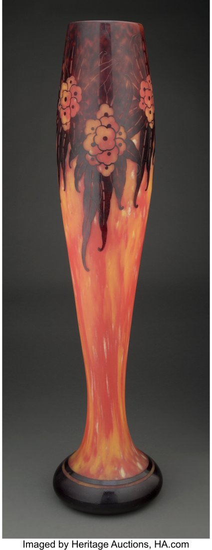 Monumental Schneider Le Verre Français Overlaid: Monumental Schneider Le Verre Français Overlaid and Acid-Etched Sauges Vase, circa 1927 Marks: Charder, Le Verre Français 34-1/2 inches (87.6 cm) P